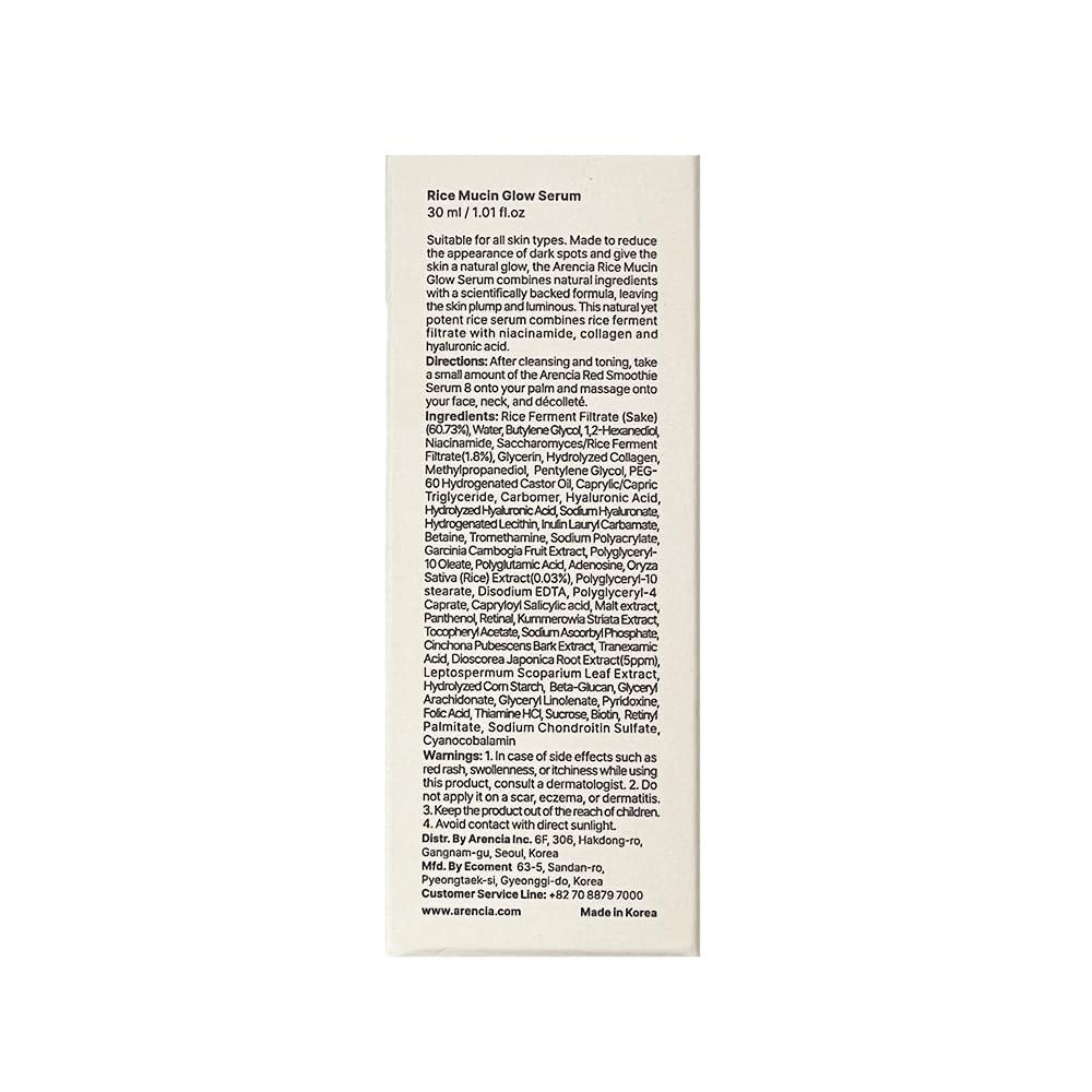 image:imageArencia Rice Mucin Glow Serum Collagen Hyaluronic Acid amp Niacinamide 101 fl oz