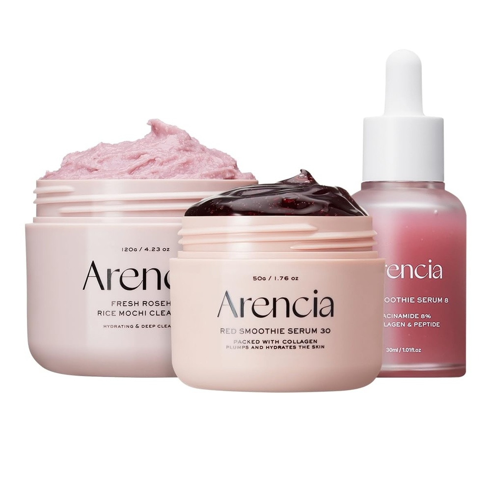 image:imageARENCIA Red Collagen Jello Skin Trio  Poreless Skin Routine Rosehip Rice Mochi Cleanser  Overnight Glow Mask Serum  Red Smoothie Serum